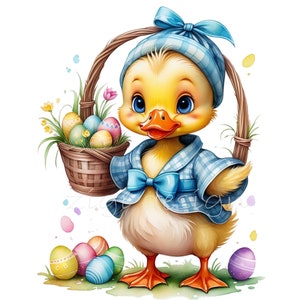 17 mignon caneton PNG avec panier de Pâques PNG - canard jaune en tenue bleue avec des oeufs, téléchargement numérique des cliparts animaux printemps