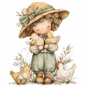 May include: Watercolor illustration of a child wearing a straw hat with a green ribbon, holding two yellow chicks. The child is dressed in green overalls and brown boots, surrounded by more chicks and foliage.