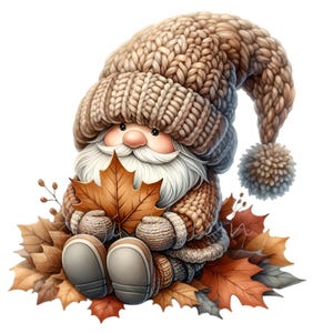 15 Clipart di gnomi con foglie autunnali, grafica carina della foresta autunnale, PNG di artigianato del Ringraziamento, download digitale di gnomi del bosco lavorati a maglia