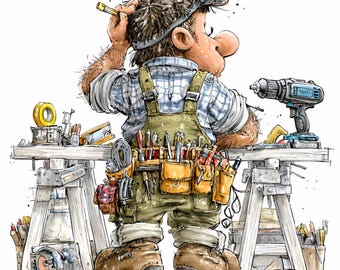 15 PNG Handyman Clipart – Funny Carpenter PNG – DIY Worker Illustration for Father’s Day Gifts, Mugs, T-Shirts, Crafts