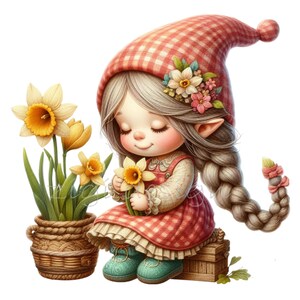 May include: A small gnome with a red and white checkered hat and dress holds a bouquet of yellow daffodils. The gnome has long blonde braids and is sitting on a wooden box.