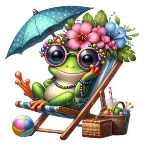 Clipart grenouille, 15 cliparts de plage PNG, parasol de piscine d'été, journal indésirable, fabrication de cartes, étiquette cadeau, images numériques imprimable par sublimation