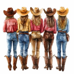 15 Cowgirl PNG Clipart, Fünf Westliche Frauen in Hüten und Stiefeln, Land Mädchen Aquarell Illustration Download