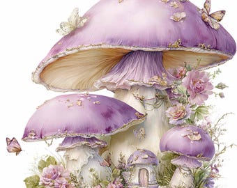 15 PNG Purple Mushroom House Fairy Garden Clipart, Toadstool Home Watercolor Nursery