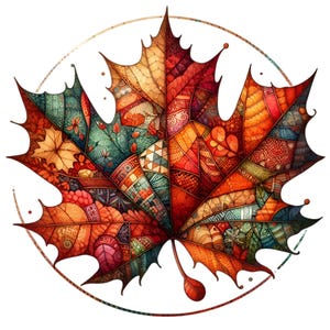 12 cliparts PNG feuille d'automne - feuille d'érable automne complexe avec motifs tribaux - design par sublimation pour travaux manuels saisonniers et décoration