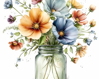 16 PNG Mason Jar Flower, Wildflower Bouquet Watercolor Floral Clipart