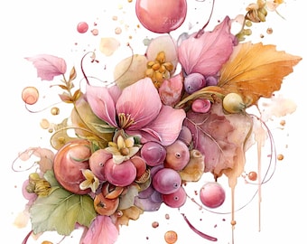 14 PNG Watercolor Floral Bouquet Pink Rose Clipart, Botanical Wedding Flower Set