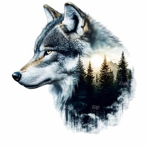 10 imágenes PNG de lobos con doble exposición, silueta de lobo en un paisaje forestal, arte de animales salvajes, puesta de sol en la montaña, descarga instantánea
