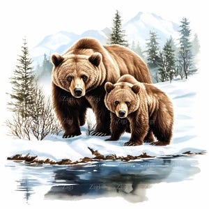16 imágenes prediseñadas JPEG de oso de invierno: JPG de montaña con oso y cachorro para arte mural de vida silvestre, decoración rústica, pegatinas para planificadores y manualidades naturales.