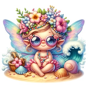 12 Hadas de la playa Clipart PNG, lindas hadas de verano con flores y conchas, descarga digital de fantasía para sublimación