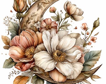 15 PNG Floral Crescent Moon Clipart – Vintage Botanical Flowers Illustration, Elegant Celestial Art Design
