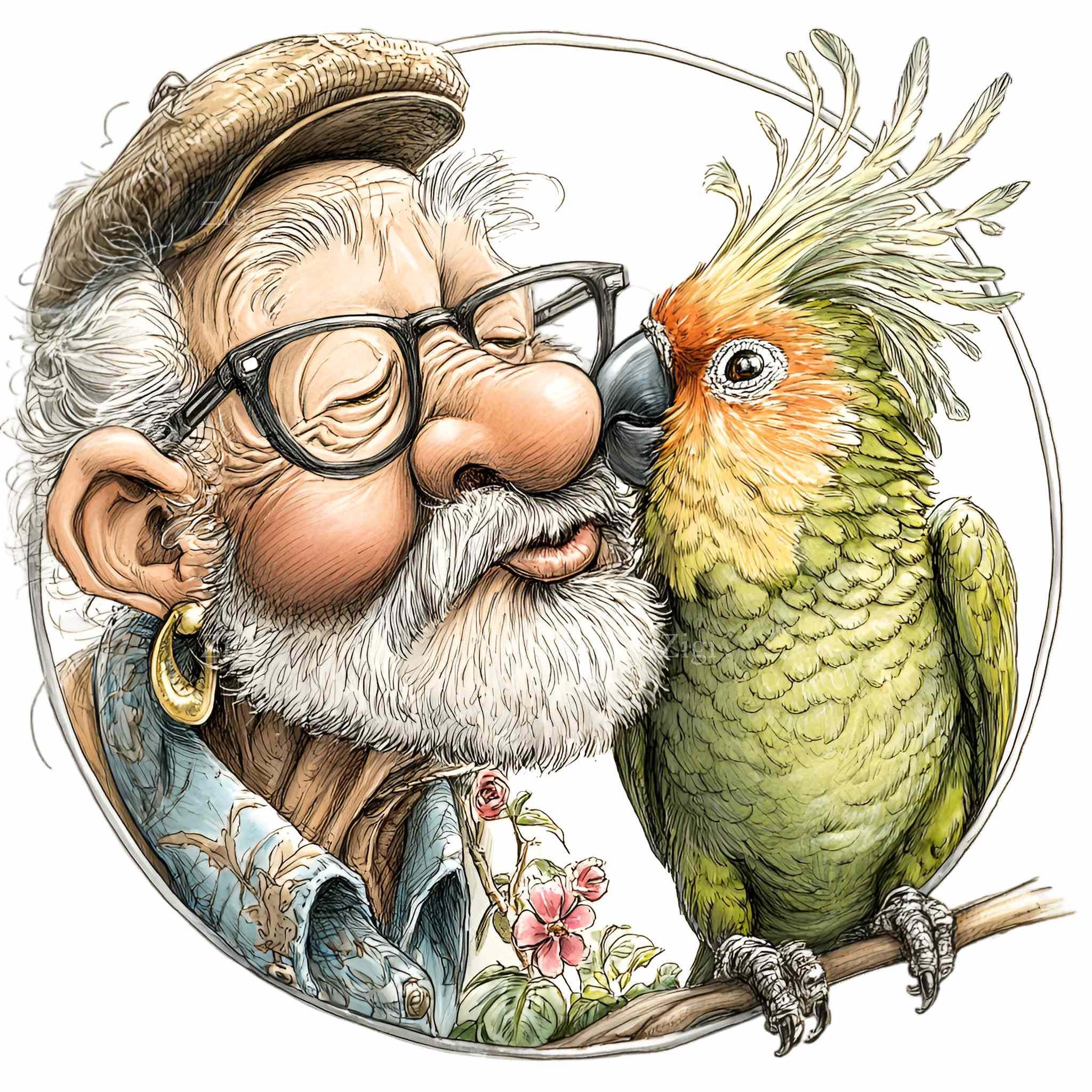 10 PNG Old Man With Blue Parrot Clipart, Whimsical Bird Lover, Senior ...