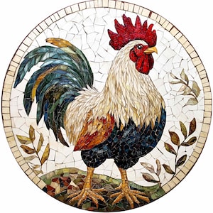 10 Rooster Mosaic PNG Clipart – Gallo da fattoria colorato in stile piastrelle rotonde – Arte rustica di campagna per artigianato a sublimazione