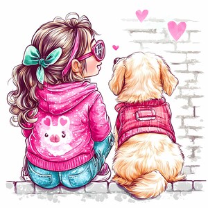 14 JPEG Girl with Sunglasses and Golden Retriever in Matching Pink Outfits JPEG Clipart