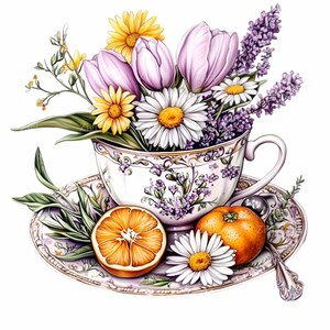 15 Clipart floreali in formato PNG per tazze da tè, tazza da tè ad acquerello con margherite, tulipani, lavanda e arancia, download dell'ora del tè vintage