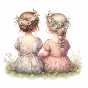 11 Corone floreali PNG – Ragazze sedute Clipart PNG – Illustrazione di un vestito con fiori primaverili per stampe per bambini, biglietti d'auguri, decorazioni murali, album di ritagli