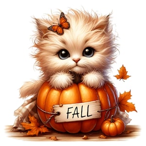 10 Gattino autunnale PNG, Carino gatto soffice in zucca Clipart, Download digitale di acquerello autunnale, Arte stagionale