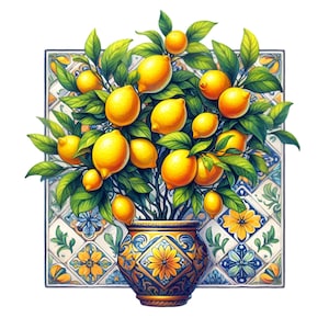 May include: A lemon tree with ripe yellow lemons in a decorative, blue and yellow, ceramic pot. The pot is sitting on a tiled surface with a blue and yellow pattern.