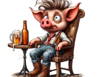 15 imágenes PNG de un cerdo divertido bebiendo cerveza: ilustración de animales de granja para decoración de bares, camisetas, tazas y sublimación.