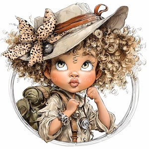 16 JPEG 探検家の女の子のクリップアート – サファリの子供のイラスト – ジャングルアドベンチャーアート、子供の壁掛けプリントや旅行をテーマにしたクラフトプロジェクトに最適