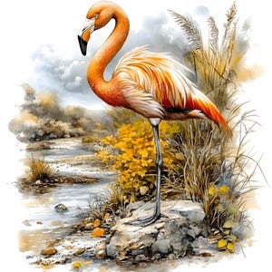 27 imágenes prediseñadas de flamencos en formato JPEG, escena de aves acuáticas en formato JPEG, ilustración de vida silvestre tropical, descarga de arte de aves exóticas, imagen digital de la naturaleza de flamencos