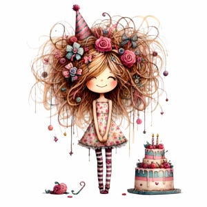 10 Clipart fille avec un noeud rouge, gâteau d'anniversaire PNG, jolie illustration de robe à fleurs pour faire-part de fête