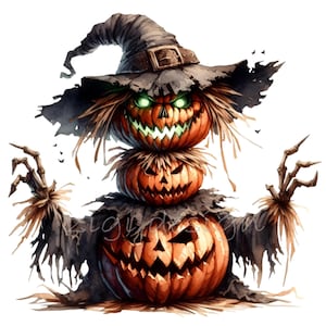 10 Clipart PNG di spaventapasseri di zucca infestata, pila di Jack O'Lantern spettrale con cappello da strega, arte digitale di Halloween inquietante