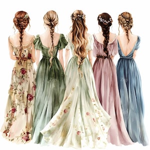 29 JPEG illustratie bruidsmeisjesjurk – elegante JPG-clipart – bruiloftsfeestmodeprint voor planners, uitnodigingen of kunst aan de muur