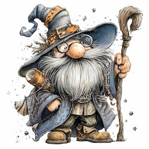 May include: A whimsical illustration of a wizard gnome with a long white beard, wearing a blue hat and robe. He has round glasses, a staff, and a small telescope. The artwork features detailed shading and a watercolor effect.