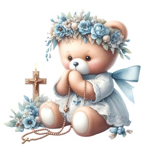 15 png-clipart rozenkransbeer – schattige png-illustratie – christelijke kinderkunst voor doop, gebedsthema, babykamerinrichting
