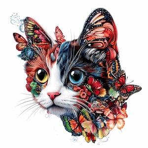 12 retratos de gatos PNG Clipart - Ilustración de cara de gato con flores y mariposas vibrantes - Diseño de fantasía artística