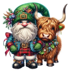 10 PNG Scottish Christmas gnome PNG – Highland cow clipart – Festive holiday download for cards, crafts and winter decor