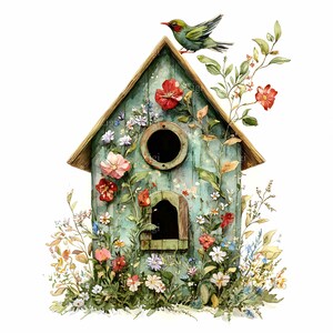 28 imágenes prediseñadas de casita para pájaros en formato JPEG (JPG): Casita rústica para pájaros verde con flores silvestres y pájaro posado, ilustración de escena de jardín primaveral