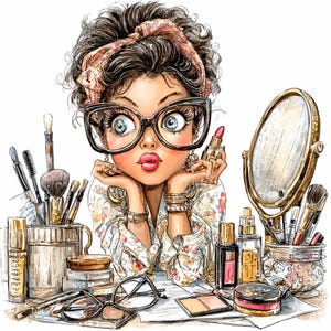 Op de afbeelding: Illustratie van een vrouw met een grote bril, die lippenstift vasthoudt, omringd door make-upproducten. Een kaptafereel met borstels, compactpoeders, parfumflesjes en een spiegel. De vrouw draagt een bloemen top en een patroon hoofdband.