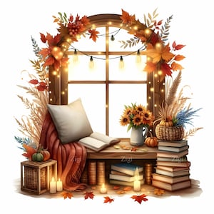 12 JPEG herfstleeshoek clipart – herfst venster JPG voor plannerstickers, decor boekenliefhebber, journaling, kunst aan de muur, digitale scrapbooking