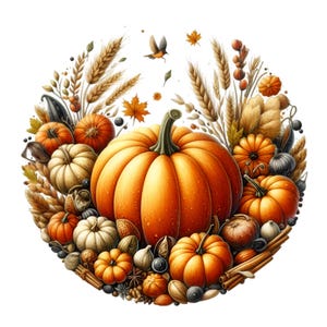 15 Clipart di zucche autunnali PNG, Raccolta di zucche e foglie autunnali, Cornice circolare del Ringraziamento da scaricare digitalmente