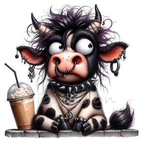 12 PNG clipart mucca gotica – mucca punk PNG – Arte animale divertente e audace per lavoretti per adolescenti, adesivi di moda alternativa, tazze e download digitali