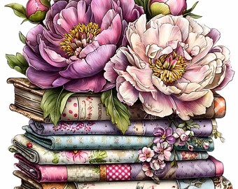 10 PNG Pink Peony Flowers on Vintage Stack of Books Graphic