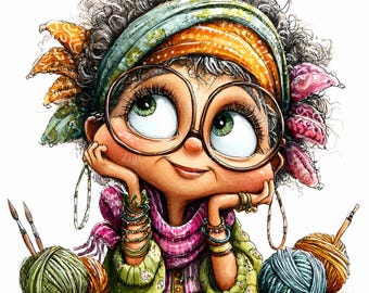 25 JPEG Crafty grandma art – Knitting lady clipart – Fun yarn lover design for makers, card making, mug prints, sublimation