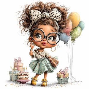May include: A cartoon illustration of a girl with curly brown hair, large black glasses, and a polka-dot bow. She wears a white top, a floral skirt, and yellow shoes, holding balloons and a purse. Birthday gifts and a cake are in the background.