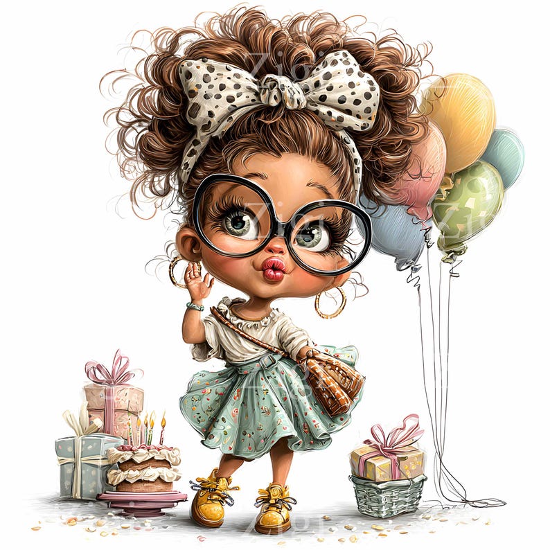 May include: A cartoon illustration of a girl with curly brown hair, large black glasses, and a polka-dot bow. She wears a white top, a floral skirt, and yellow shoes, holding balloons and a purse. Birthday gifts and a cake are in the background.