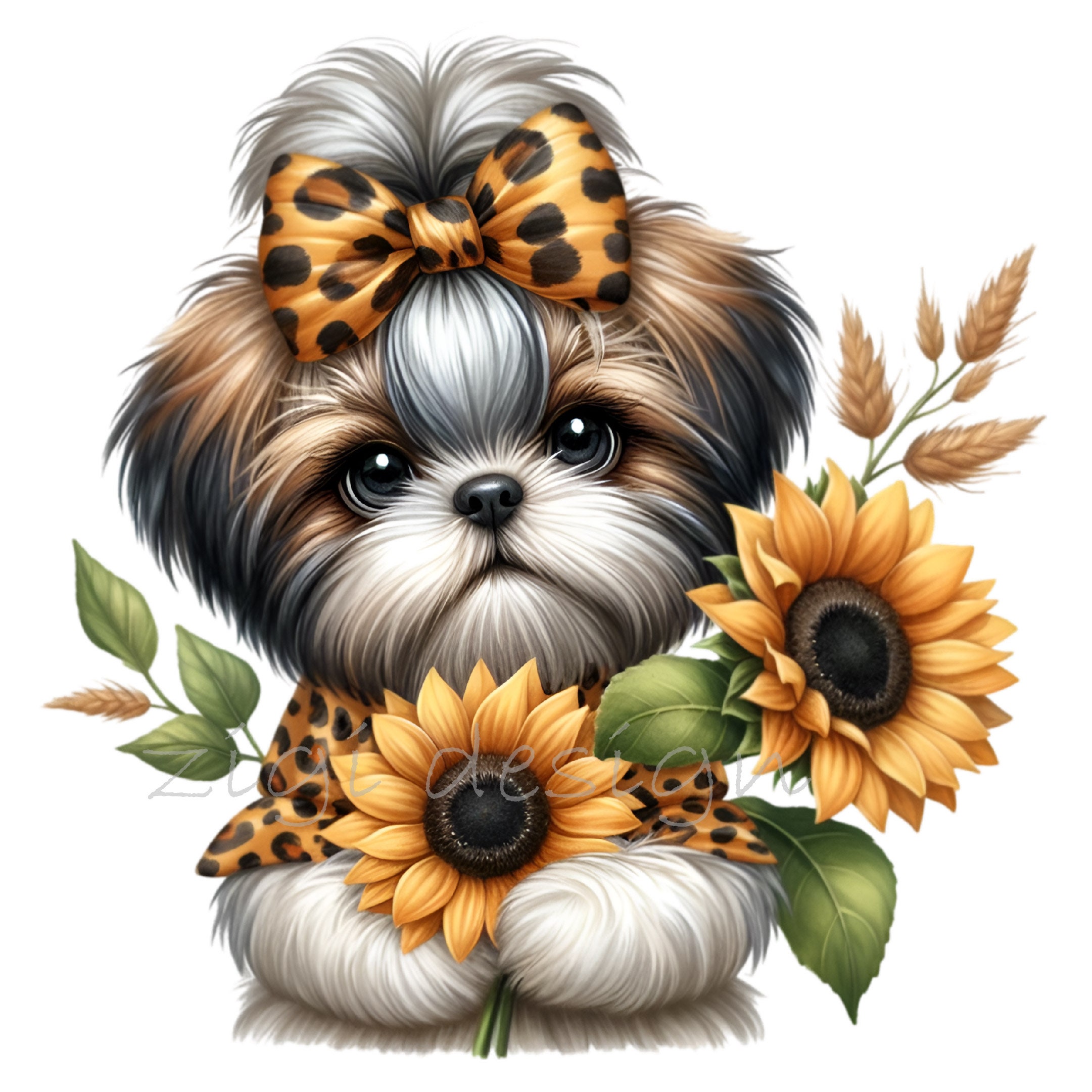 Shih Tzu Clip Art, Leopard Bow Clipart, 15 PNG Sunflower Animal Print ...