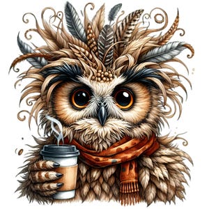 Hibou avec une tasse de café Clipart PNG | 10 oeuvres d'art numérique d'automne représentant une chouette fantaisiste en écharpe