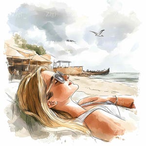 28 JPEG femme bronzer plage JPG Clipart, fille blonde d'été dans des lunettes de soleil illustration, art numérique de détente côtière