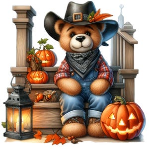 15 Clipart PNG di orso cowboy autunnale - Scena di portico con zucca, lanterna e tuta - Design a sublimazione autunnale per decorazioni per bambini