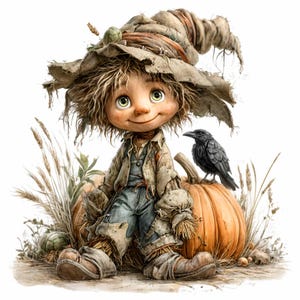 Puede incluir: Ilustración caprichosa de un espantapájaros sentado sobre una gran calabaza naranja. El espantapájaros lleva un sombrero y ropa andrajosos, con una expresión amigable. Un cuervo negro se posa en la calabaza. La escena evoca temas de otoño y cosecha.