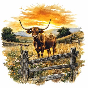 20 JPEG Longhorn Bull JPG Clipart – Western Farm Animal Print for Cowboy Decor, Ranch Landscape Art, Texas Country Wall Download