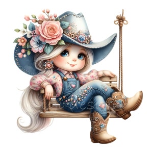 10 imágenes prediseñadas de vaquera en columpio (PNG) – Gráfico PNG occidental – Lindo arte floral de chica campestre para manualidades, decoración infantil, sublimación e imprimibles