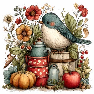 Puede incluir: Ilustración en acuarela de un pájaro azul y blanco posado sobre un barril de madera. La imagen presenta un recipiente rojo con lunares, una calabaza, una manzana y varias flores y follaje en tonos rojos, amarillos y verdes, creando una escena rústica encantadora.