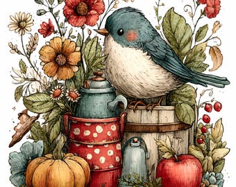 15 PNG Farm Bird Clipart – Autumn Animal PNG – Rustic Harvest Illustration with Flowers, Pumpkins and Apples for Cards, Decor